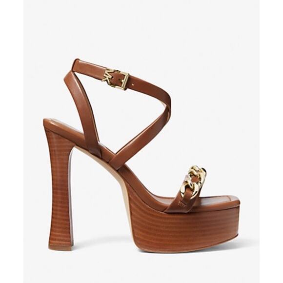 NEW Michael Kors Paola Chain Leather Platform Sandals Brown Gold Chain Size 9 - Picture 2 of 14